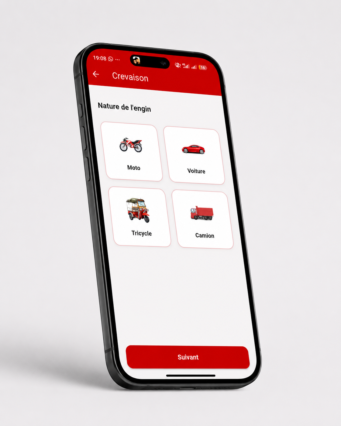 Écran de l'application Forga : sélection du type d'engin pour une crevaison